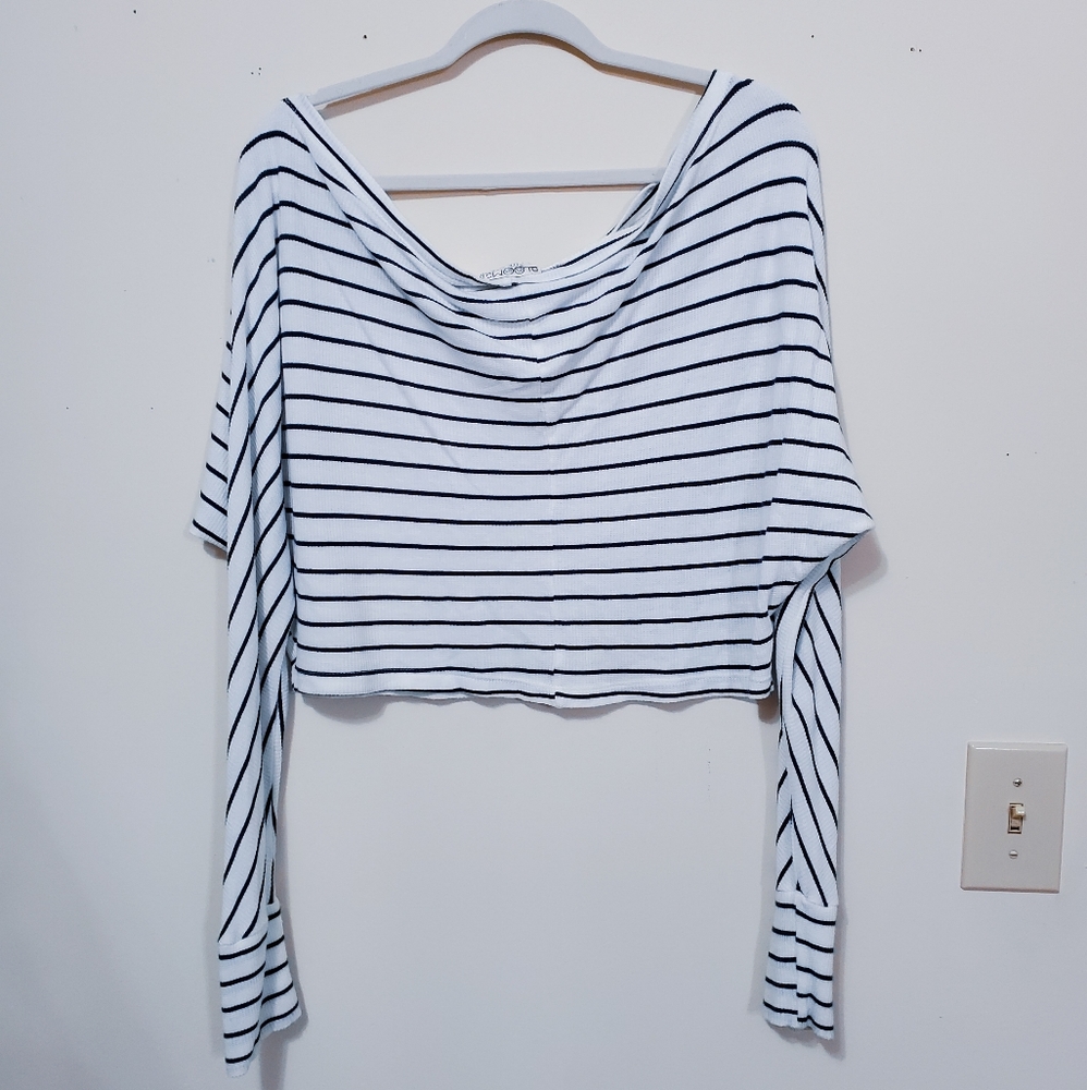 White & Navy Striped Off Shoulder Top Medium - Picture 1 of 4